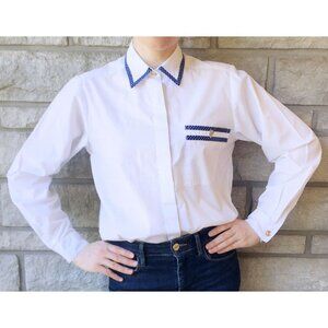 Vintage Blue Trimmed White Button Down Top